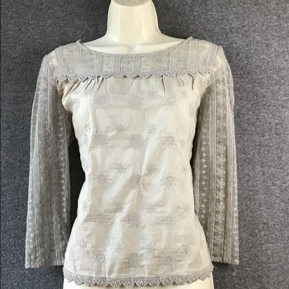 Hinge Tan‎ Lace Embroidered Sheer 3/4 Sleeve Top Blouse Shirt Sz XS